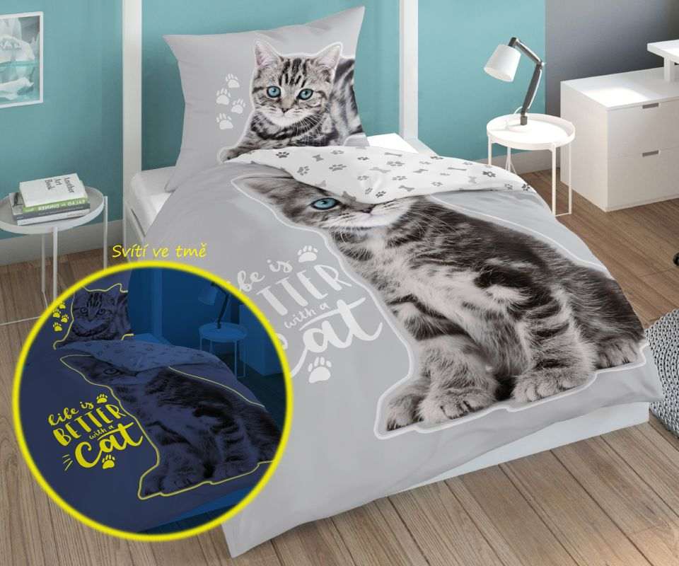 Detské obliečky 140x200 MAČIATKO grey - svietiace
